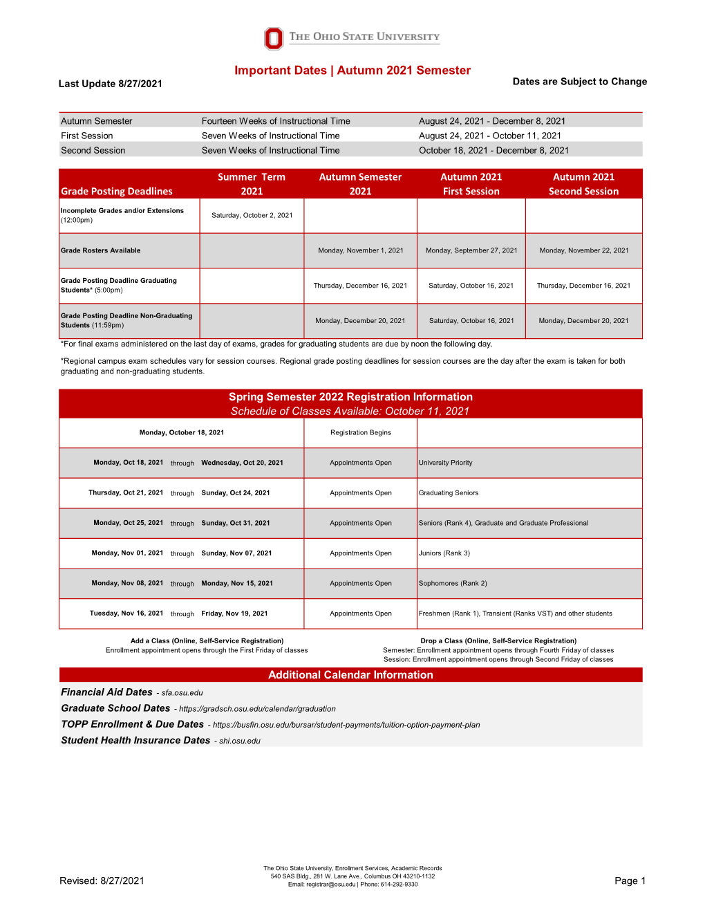 Important Dates | Autumn 2021 Semester Last Update 8/27/2021 Dates Are Subject to Change