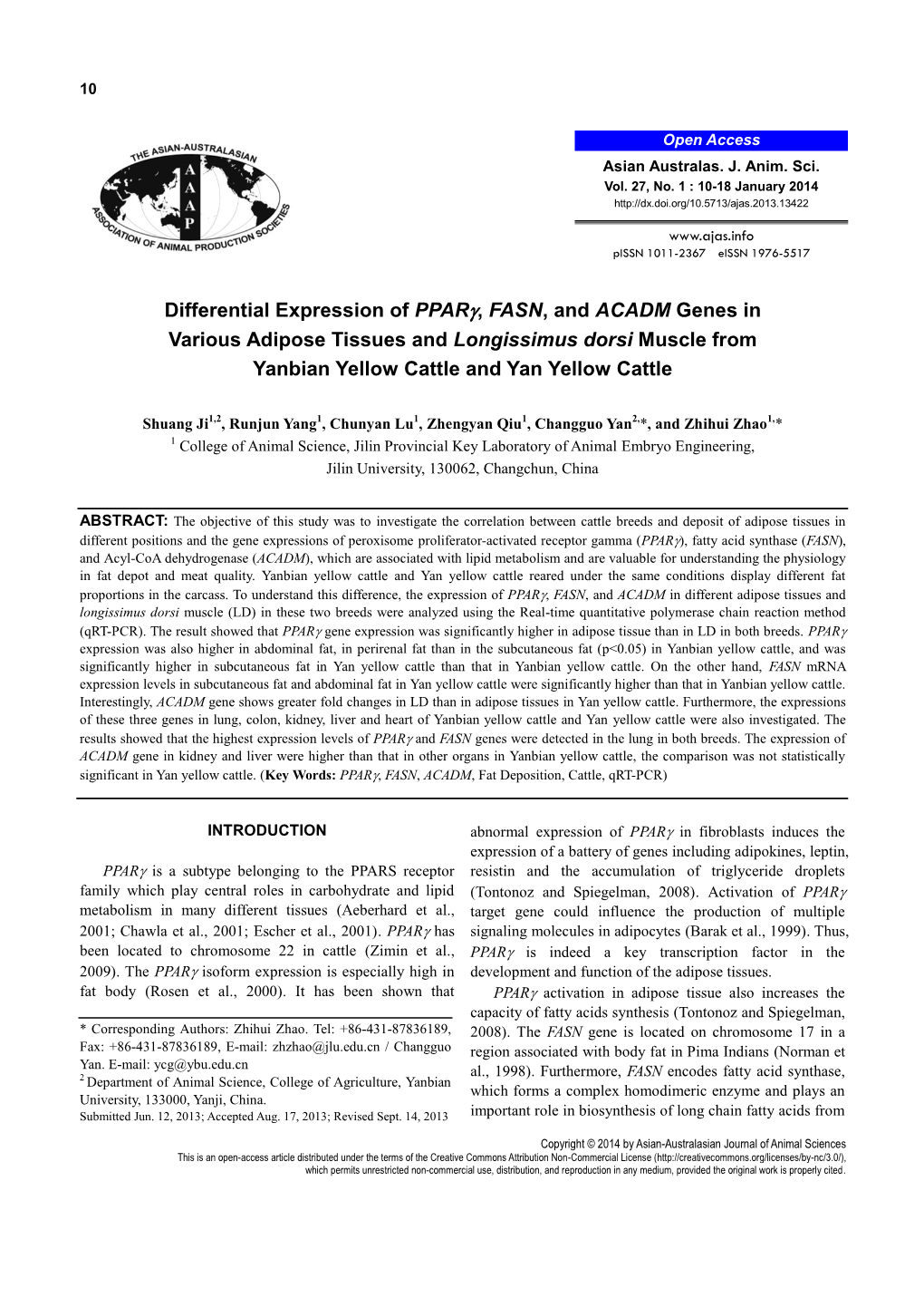 Differential Expression of Pparγ, FASN, and ACADM Genes In