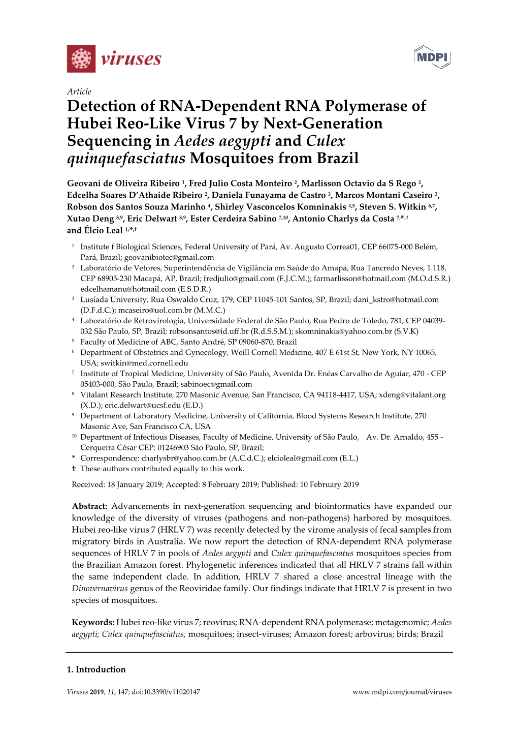 Detection of RNA-Dependent RNA Polymerase of Hubei Reo-Like Virus 7 by Next-Generation Sequencing in Aedes Aegypti and Culex Quinquefasciatus Mosquitoes from Brazil