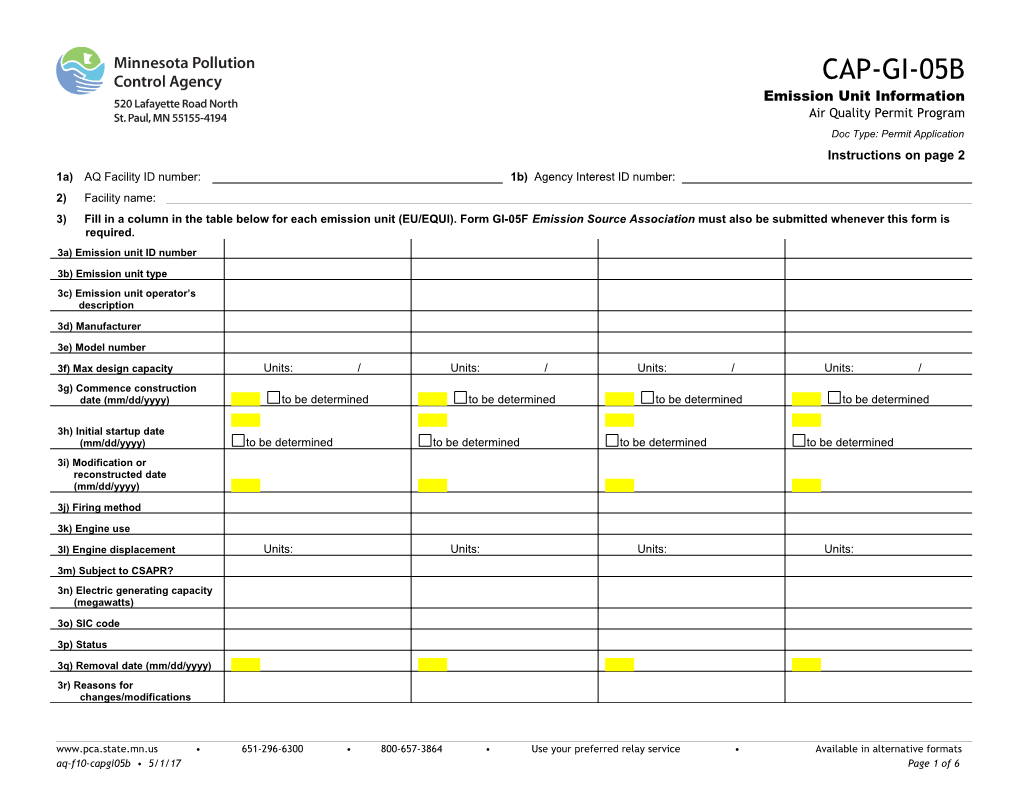 CAP-GI-05B Emission Unit Information - Air Quality Permit Program - Form