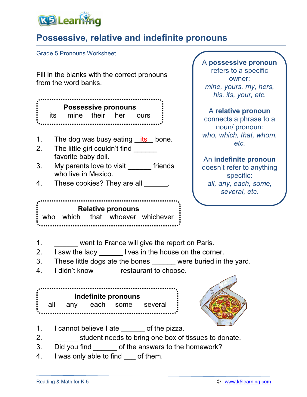 Possessive, Relative and Indefinite Pronouns Worksheet