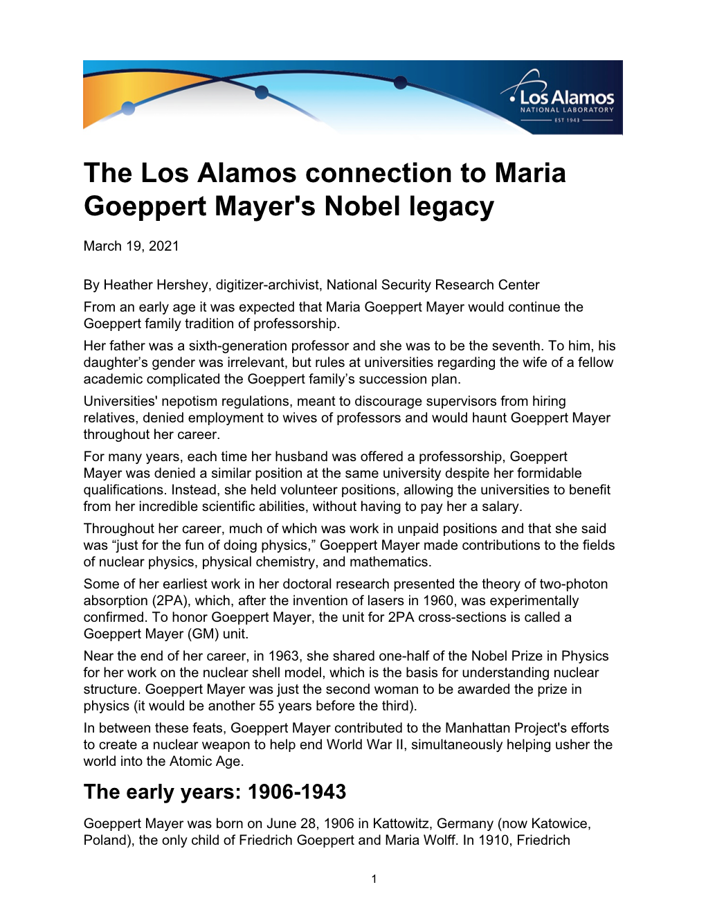 The Los Alamos Connection to Maria Goeppert Mayer's Nobel Legacy