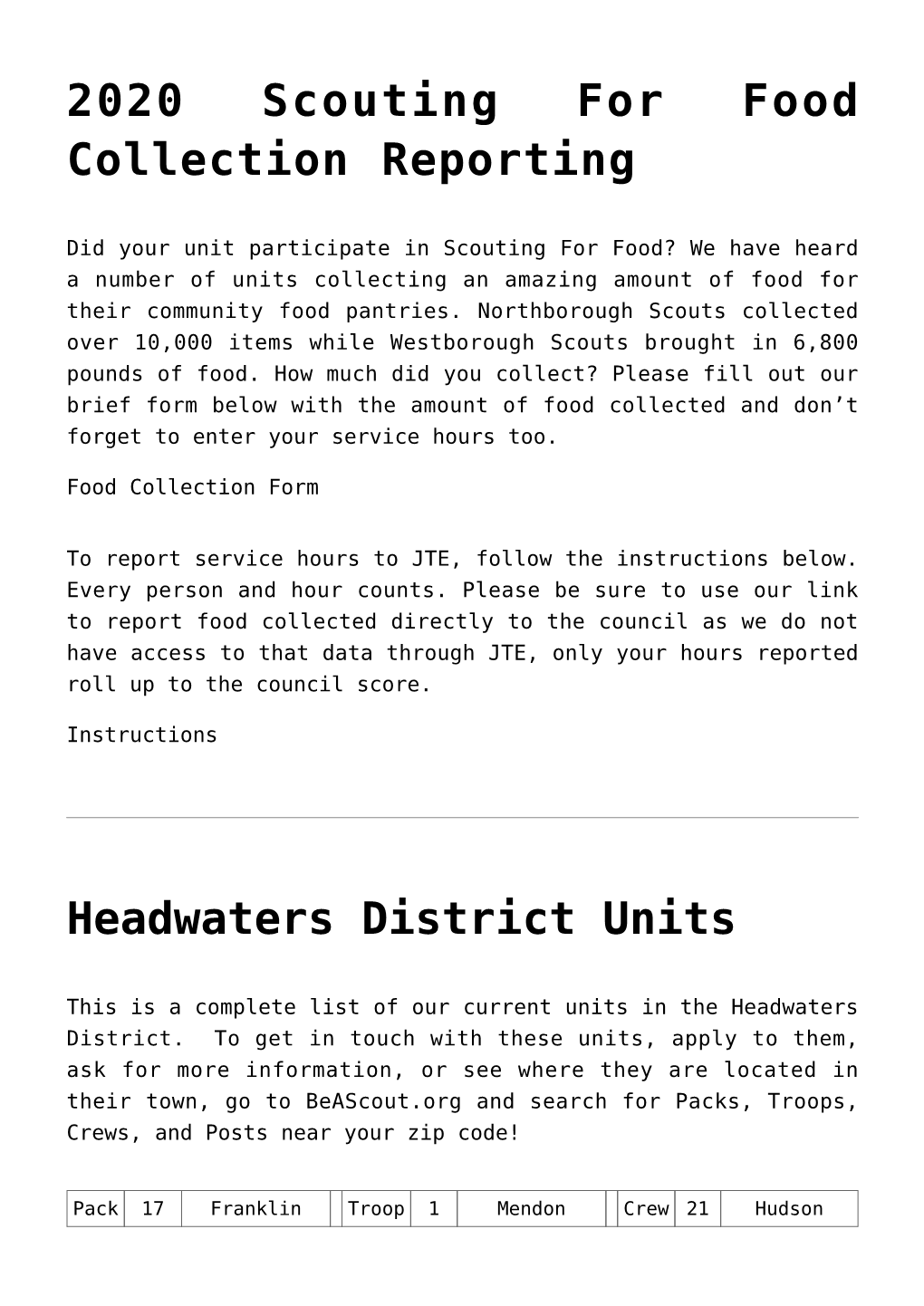 2020 Scouting for Food Collection Reporting,Headwaters District Units