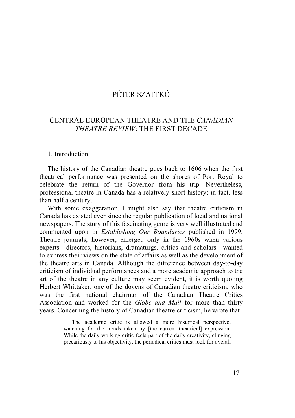 Péter Szaffkó Central European Theatre and The