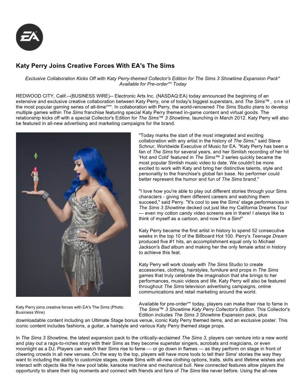 Katy Perry Joins Creative Forces with EA's the Sims