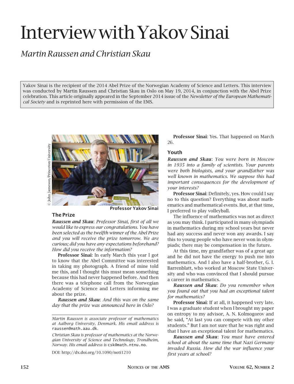 Interview with Yakov Sinai Martin Raussen and Christian Skau