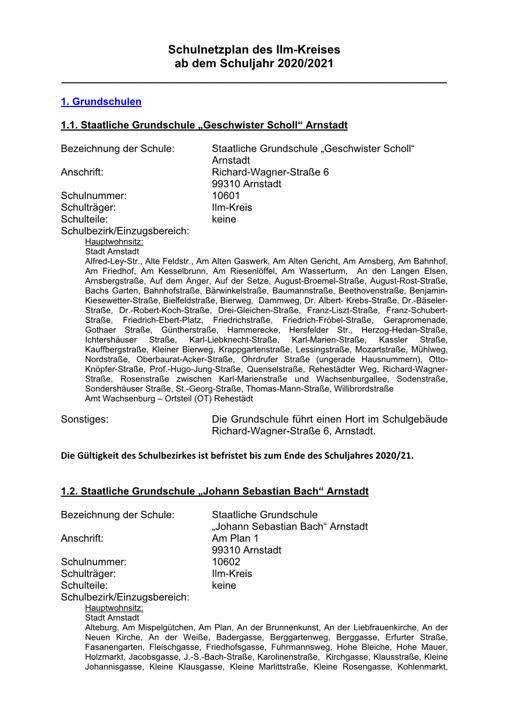 Schulnetzplan Des Ilm-Kreises Ab Dem Schuljahr 2020/2021 ______