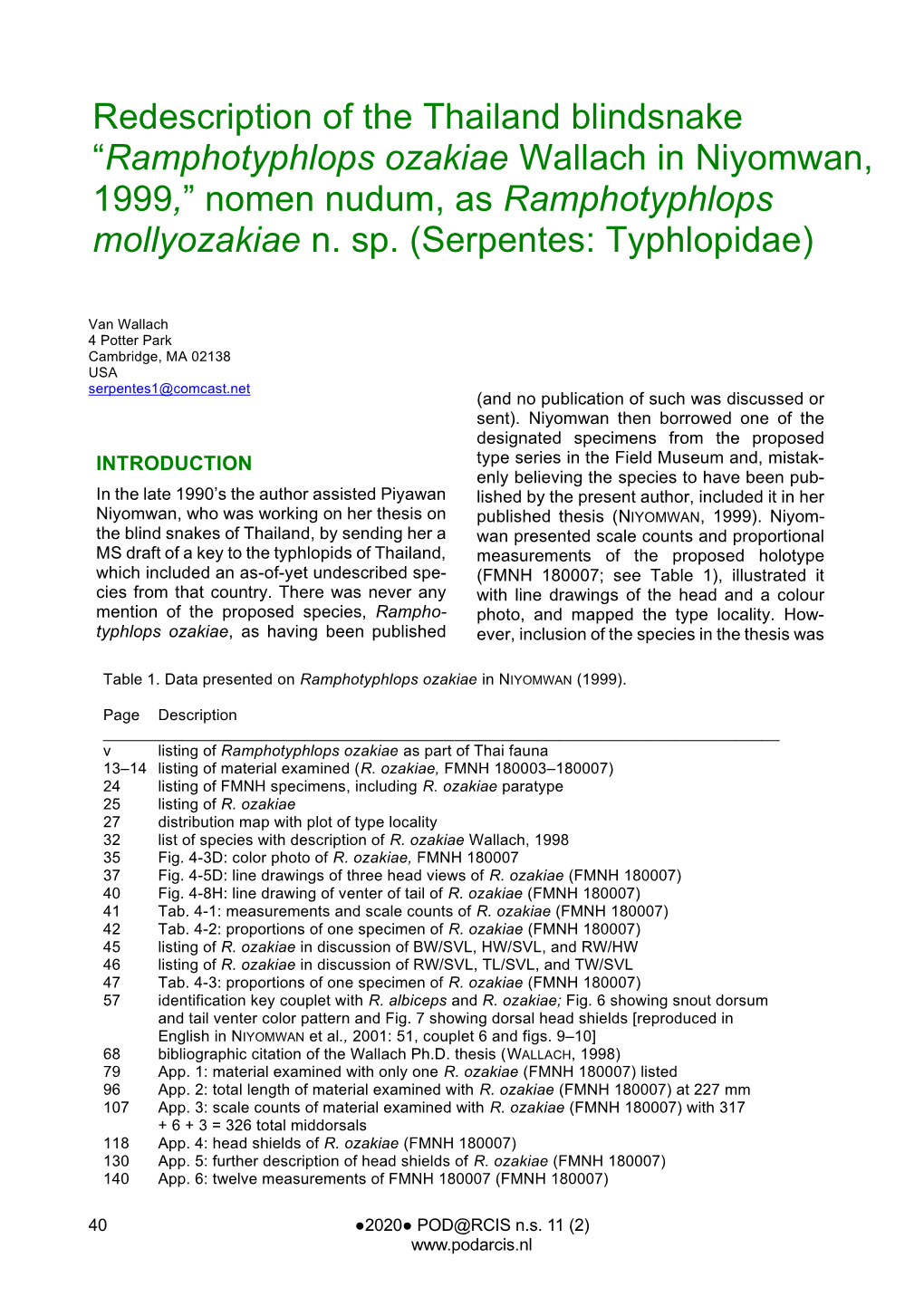 Ramphotyphlops Ozakiae Wallach in Niyomwan, 1999,” Nomen Nudum, As Ramphotyphlops Mollyozakiae N