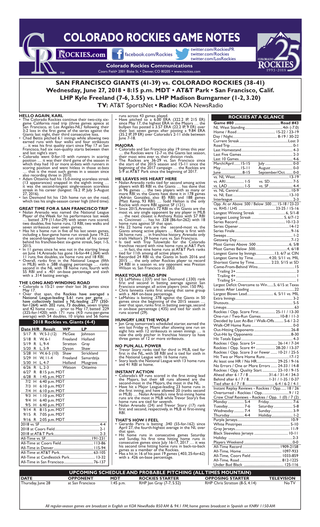 Colorado Rockies Game Notes