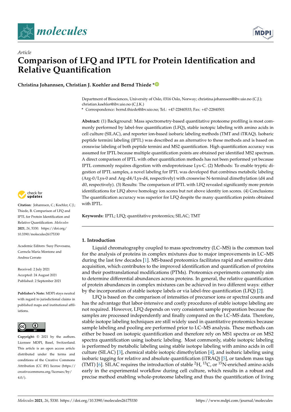 Comparison of LFQ and IPTL for Protein Identification and Relative