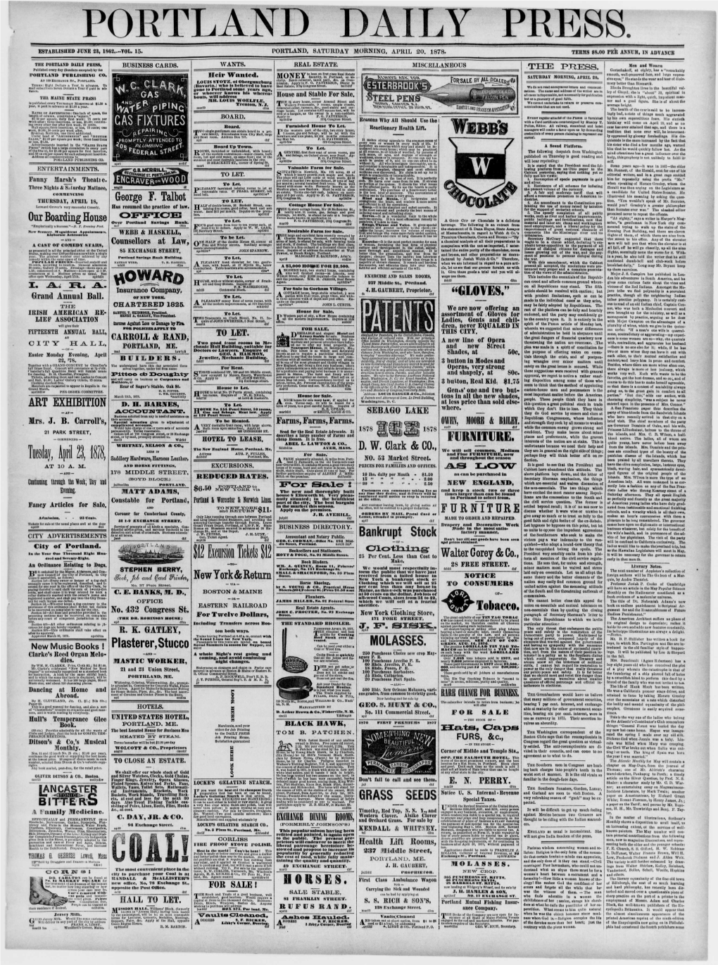 April 20, 1878- Teems $8.00 Per Annum, in Advance the Portland Daily Press, ! Business Cards