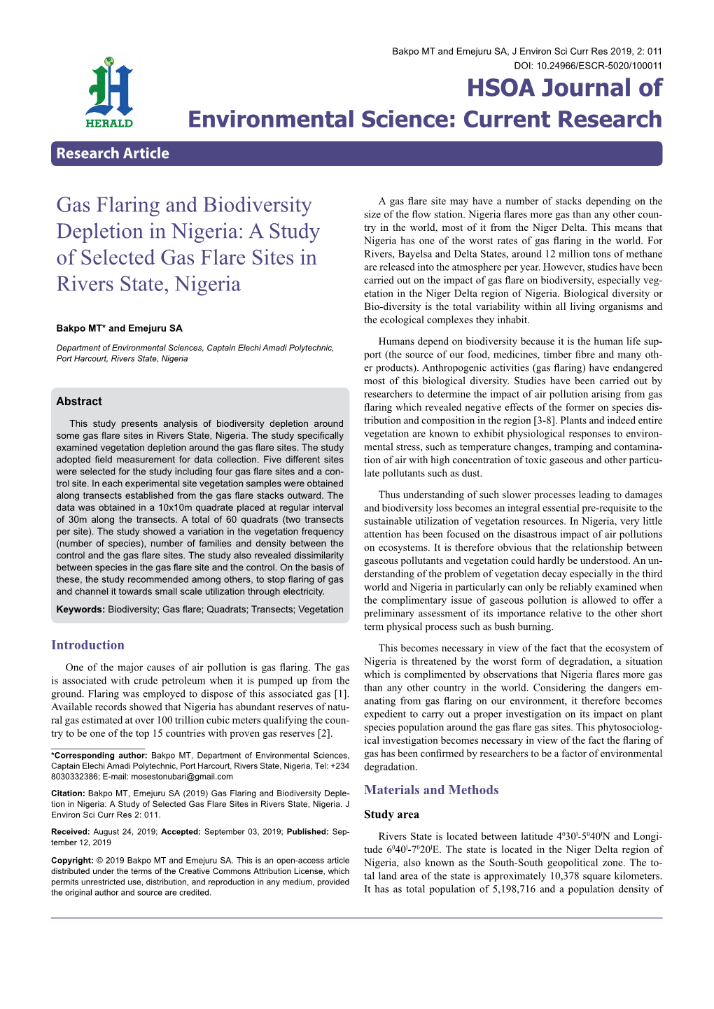 A Study of Selected Gas Flare Sites in Rivers State, Nigeria