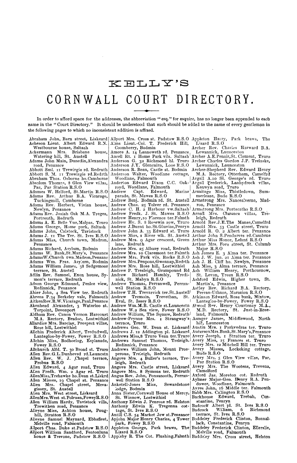 K:ELL-Y""'S CORNWALL COURT D I R E.C T 0 R Y