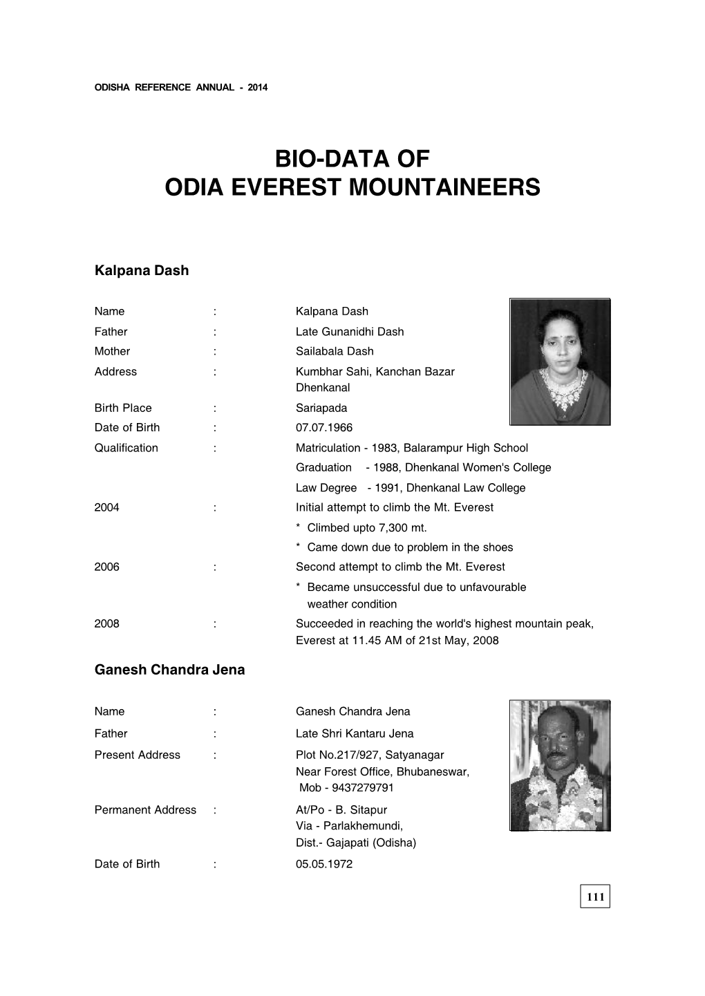 Bio-Data of Odia Everest Mountaineers