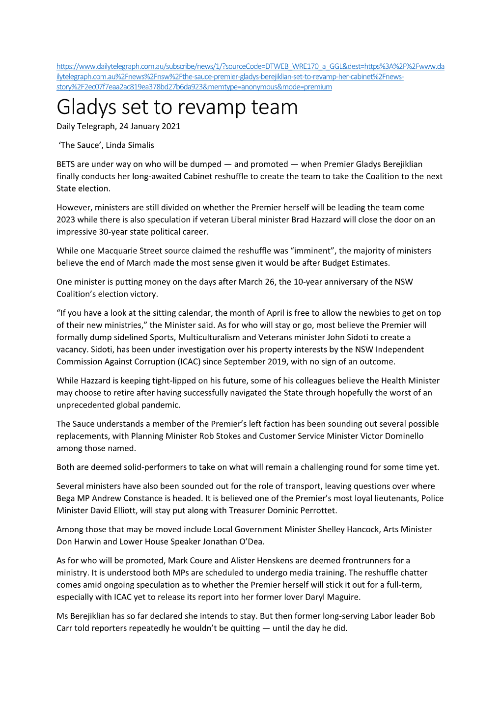 Gladys Set to Revamp Team Daily Telegraph, 24 January 2021