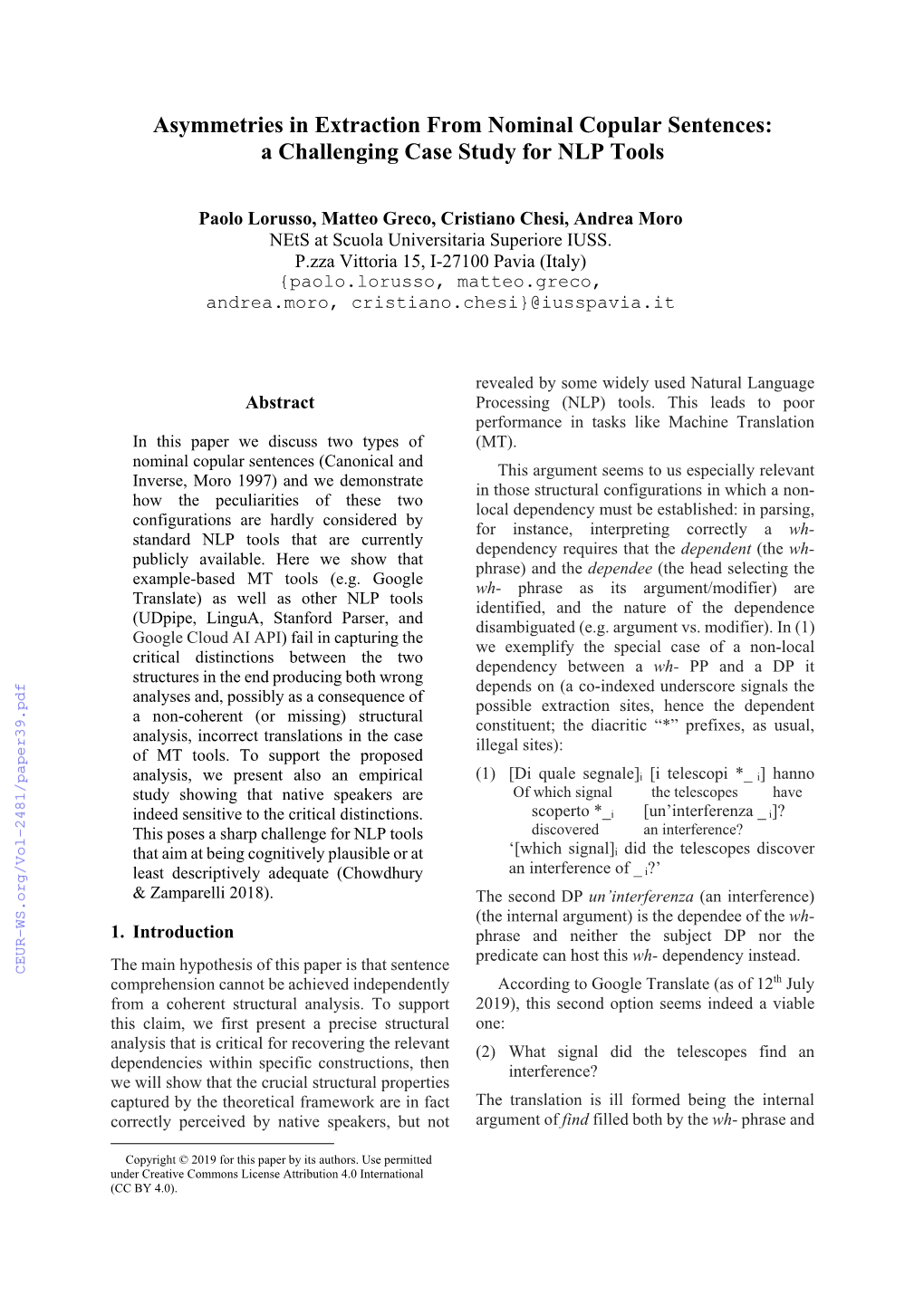 Asymmetries in Extraction from Nominal Copular Sentences: a Challenging Case Study for NLP Tools