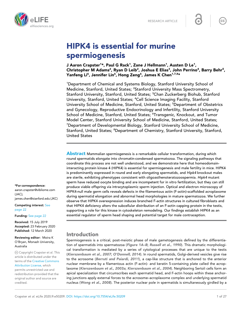 HIPK4 Is Essential for Murine Spermiogenesis