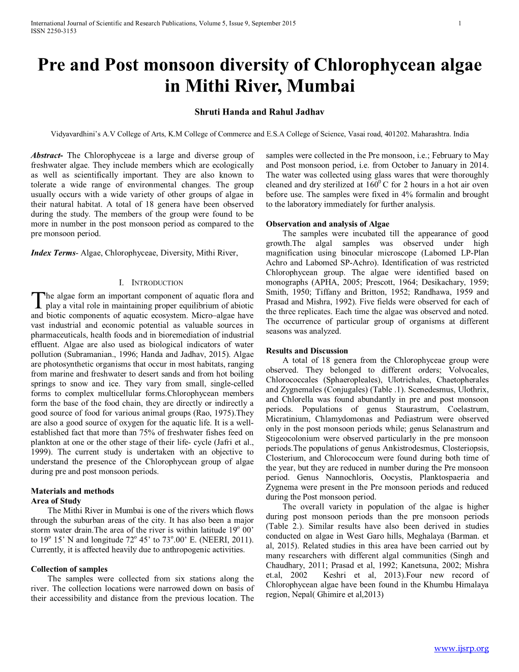 Pre and Post Monsoon Diversity of Chlorophycean Algae in Mithi River, Mumbai