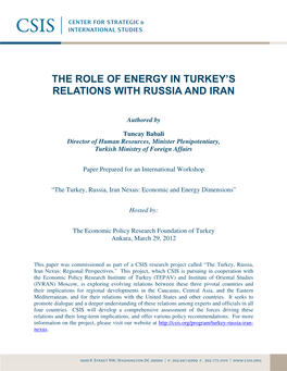 The Role of Energy in Turkey's Relations with Russia and Iran