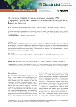 The Invasive Copepod Lernaea Cyprinacea Linnaeus, 1758 (Copepoda, Cyclopoida, Lernaeidae): First Record for Neuquén River, Patagonia, Argentina