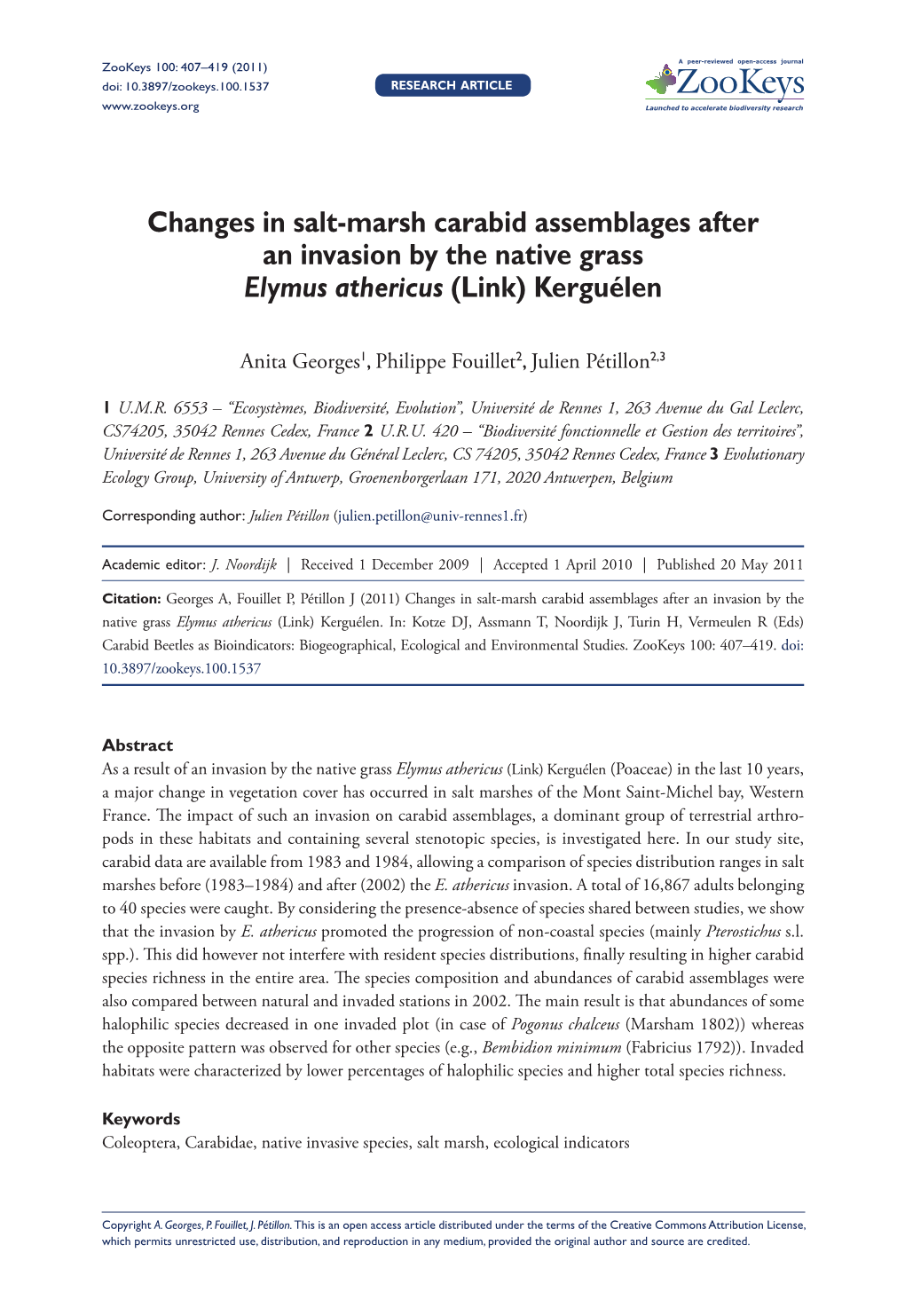 Changes in Salt-Marsh Carabid Assemblages After an Invasion by the Native Grass Elymus Athericus (Link) Kerguélen