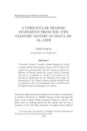 A Vernacular Aramaic Statement from the 10Th Century History of Mosul by Al-Azdī