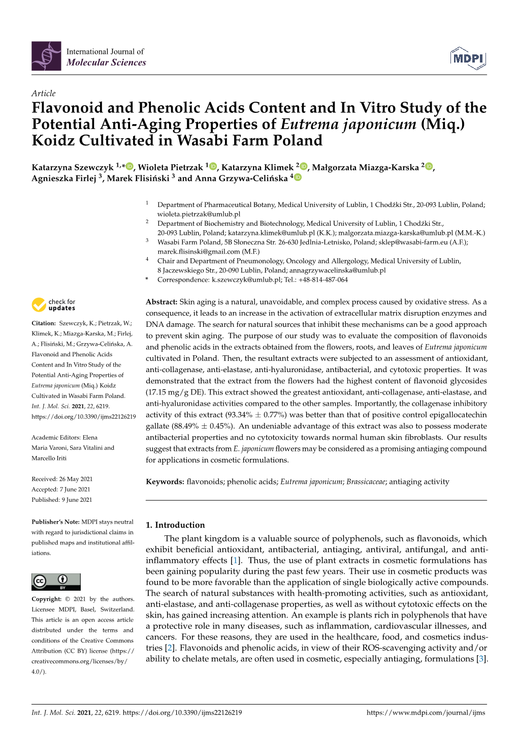 Flavonoid and Phenolic Acids Content and in Vitro Study of the Potential Anti-Aging Properties of Eutrema Japonicum (Miq.) Koidz Cultivated in Wasabi Farm Poland