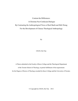 A Christian Neo-Confucian Dialogue by Contrasting the Anthropological Views of Karl Barth and Shili Xiong for the Development of Chinese Theological Anthropology
