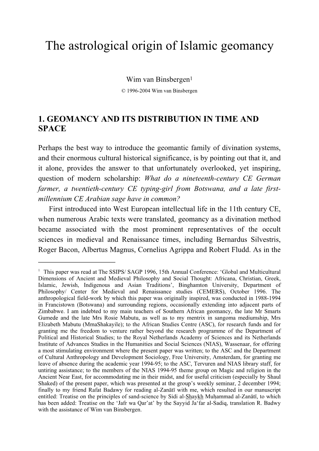 The Origin of Islamic Geomancy in Graeco-Roman Astrology