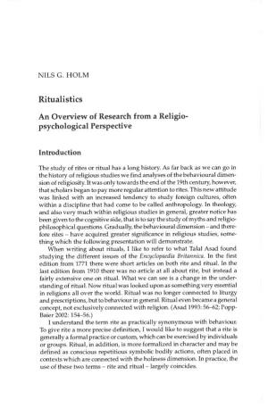 Ritualistics an Overview of Research from a Religio- Psychological Perspective