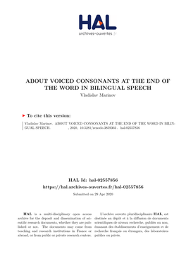 ABOUT VOICED CONSONANTS at the END of the WORD in BILINGUAL SPEECH Vladislav Marinov