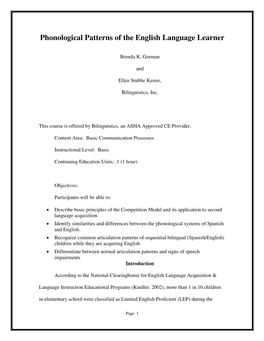 Phonological Patterns of the English Language Learner
