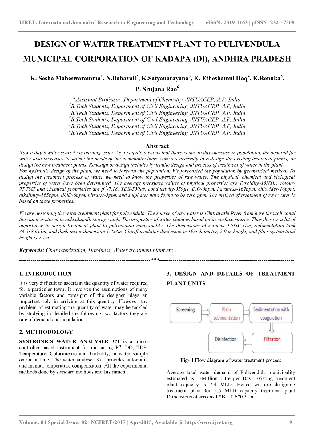 DESIGN of WATER TREATMENT PLANT to PULIVENDULA MUNICIPAL CORPORATION of KADAPA (Dt), ANDHRA PRADESH