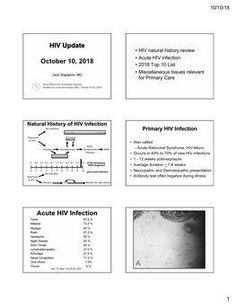 HIV Update • HIV Natural History Review • Acute HIV Infection October 10, 2018 • 2018 Top 10 List • Miscellaneous Issues Relevant Jack Stapleton, MD for Primary Care