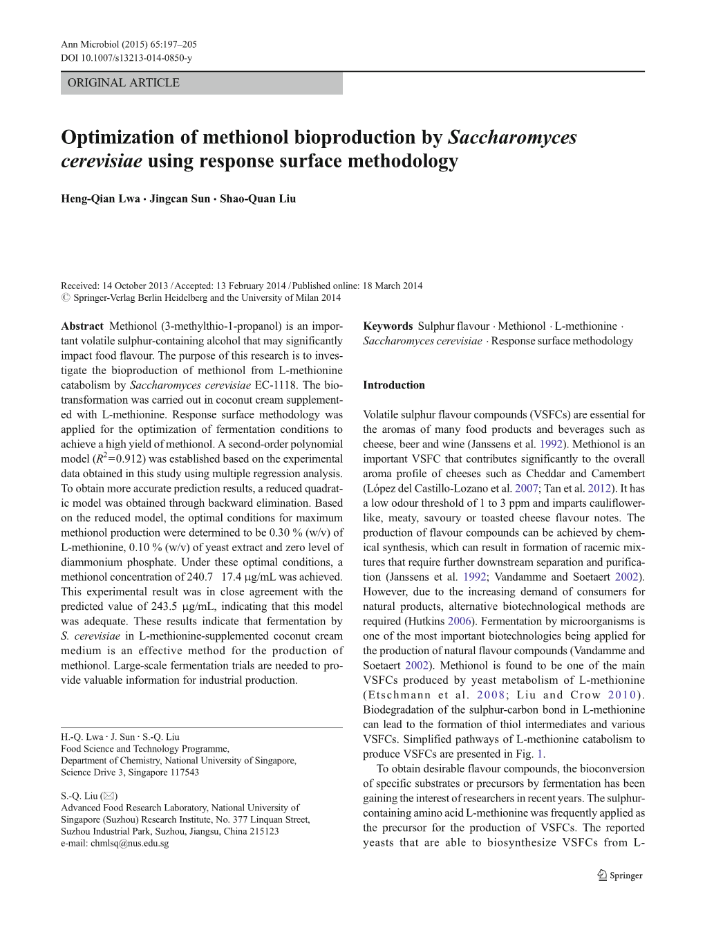 Optimization of Methionol Bioproduction by Saccharomyces Cerevisiae Using Response Surface Methodology