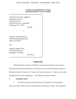 Complaint: U.S. V. Alaska Air Group, Inc., and Virgin America Inc