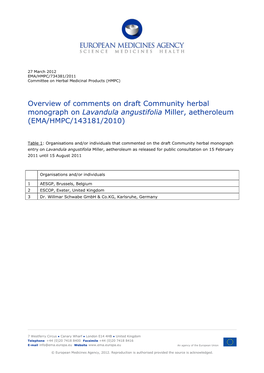 Overview of Comments on Draft Community Herbal Monograph on Lavandula Angustifolia Miller, Aetheroleum (EMA/HMPC/143181/2010)