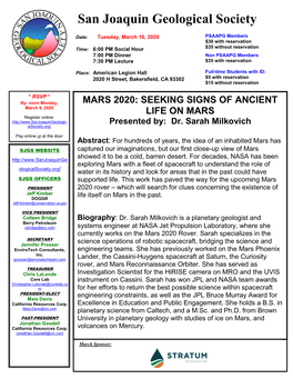 MARS 2020: SEEKING SIGNS of ANCIENT March 9, 2020 LIFE on MARS Register Online: Presented By: Dr