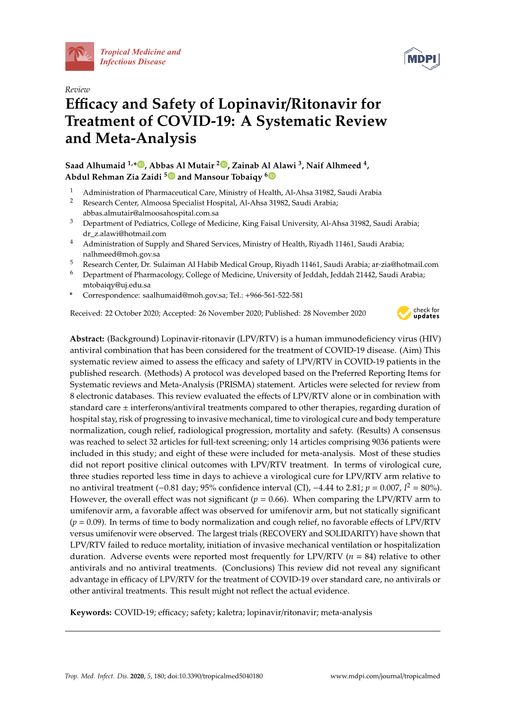 Efficacy and Safety of Lopinavir/Ritonavir for Treatment Of