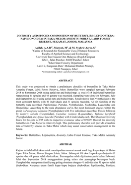 Diversity and Species Composition of Butterflies (Lepidoptera: Papilionoidea) in Taka Melor Amenity Forest, Labis Forest Reserve, Segamat, Johor, Malaysia