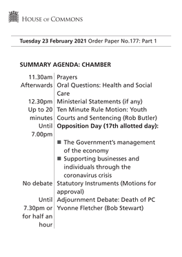 Order Paper for Tue 23 Feb 2021