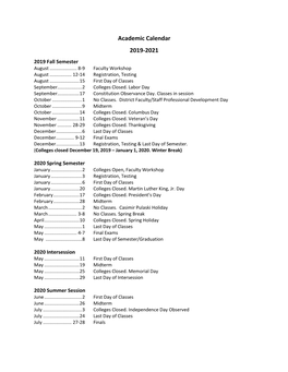 Academic Calendar 2019-2021 2019 Fall Semester August