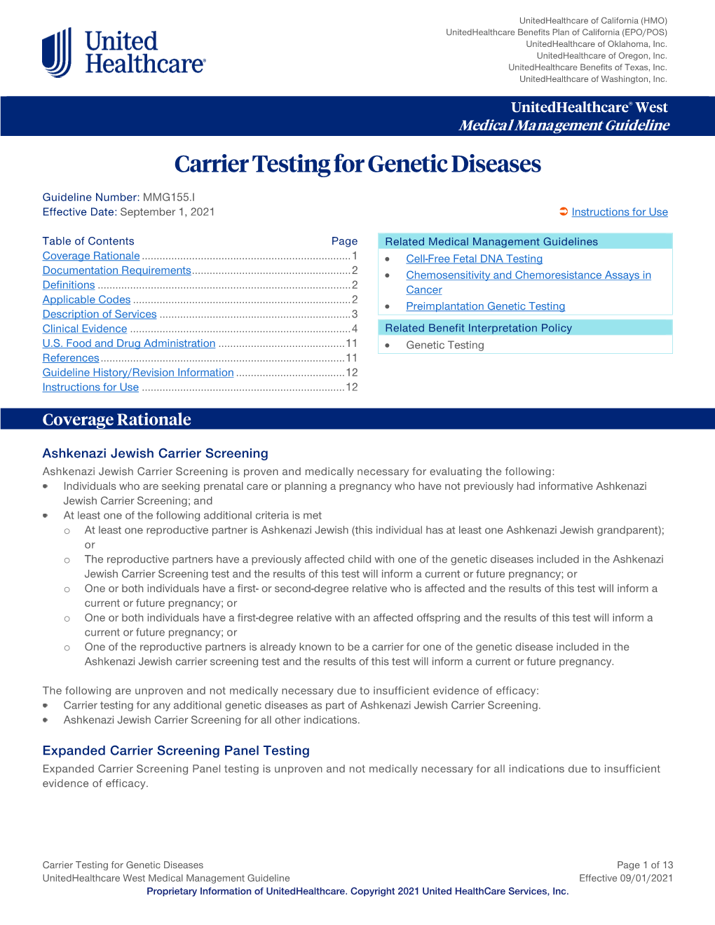 Carrier Testing for Genetic Diseases – Unitedhealthcare West Medical