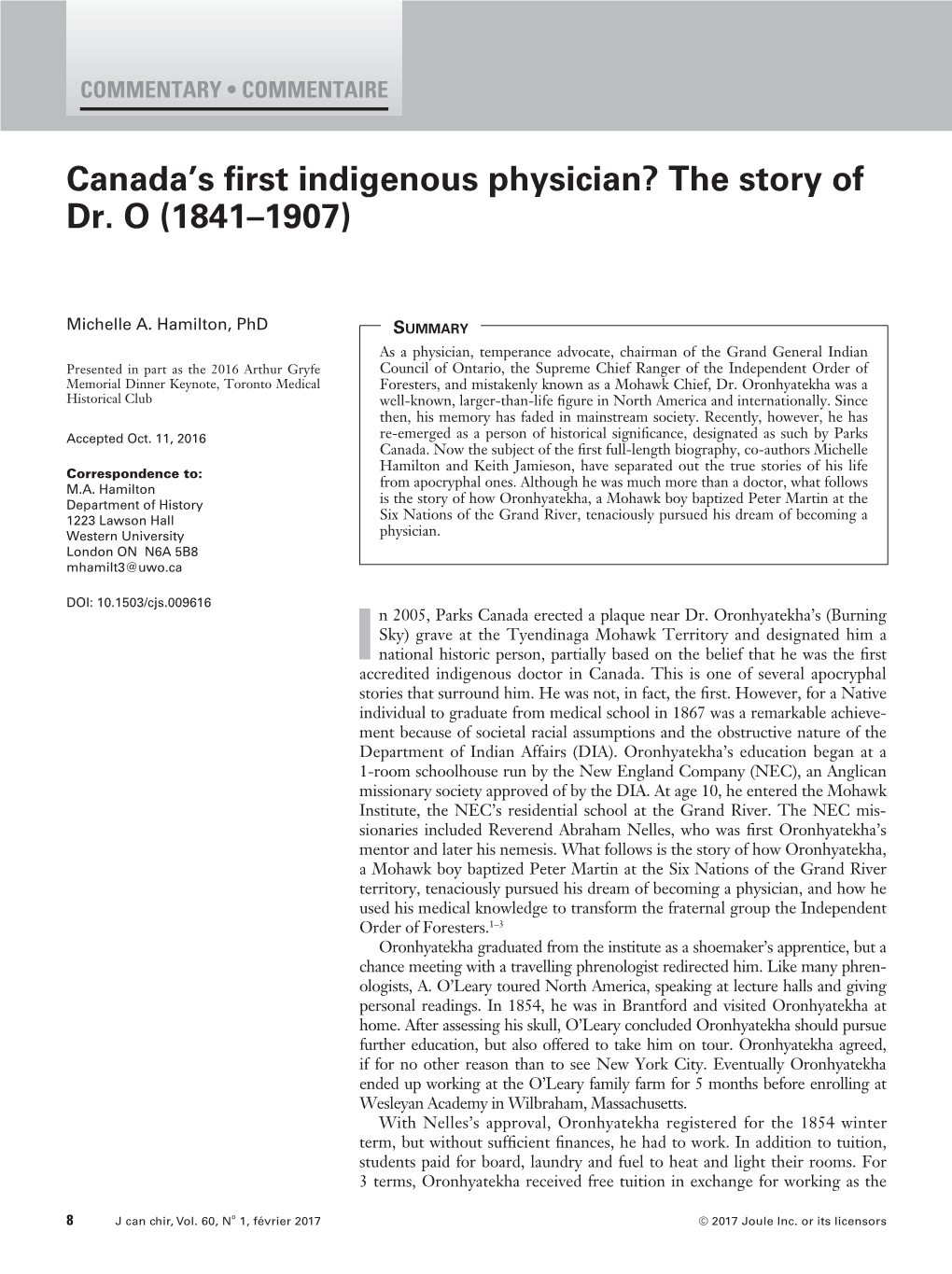 Canada's First Indigenous Physician? the Story of Dr. O (1841–1907)