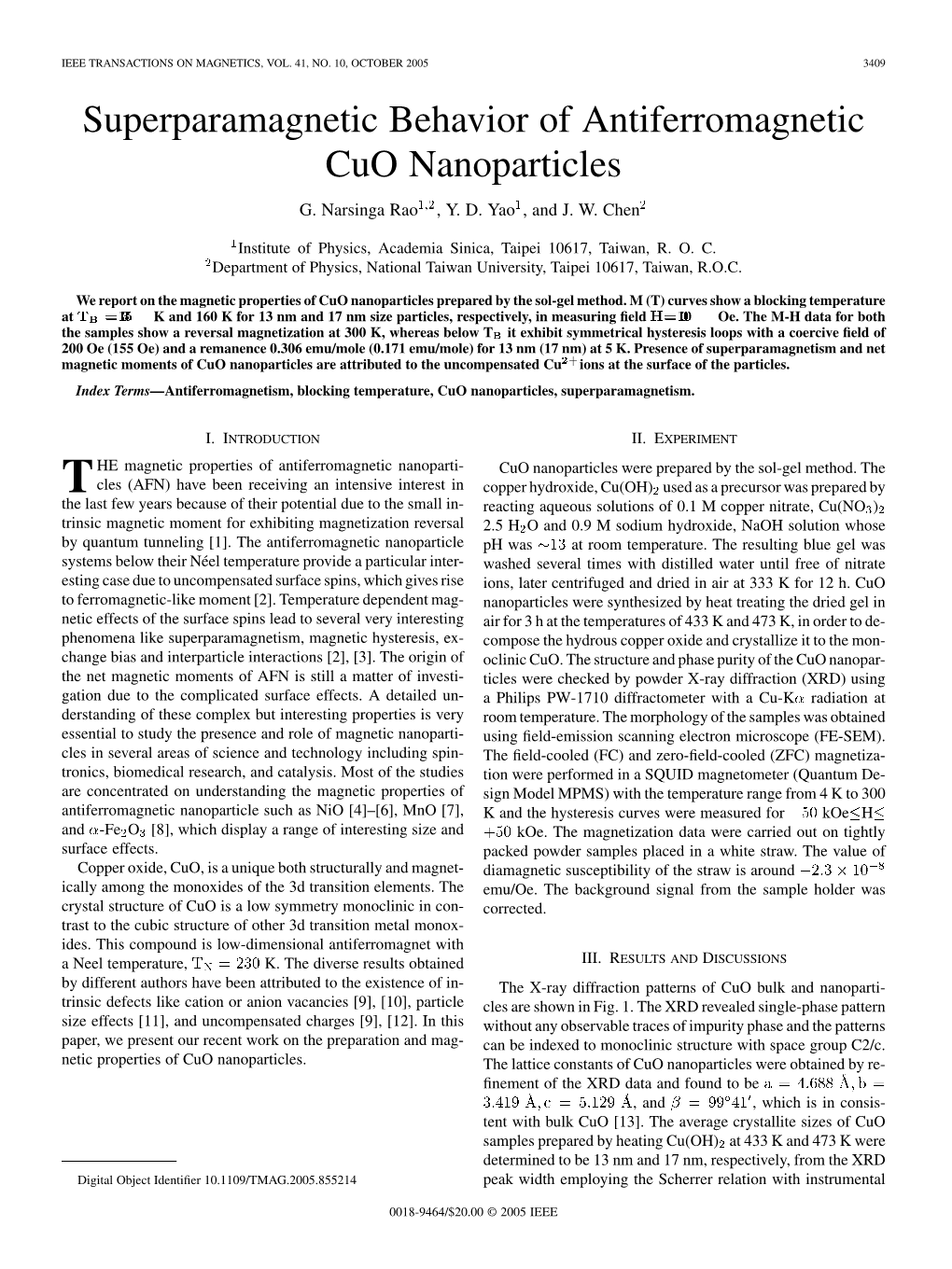 Superparamagnetic Behavior of Antiferromagnetic Cuo Nanoparticles G