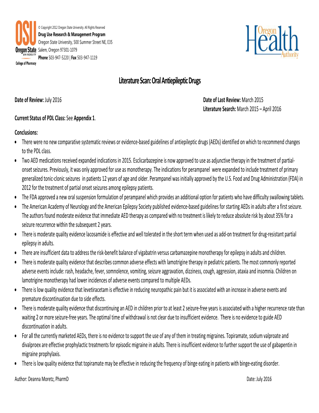 Literature Scan: Oral Antiepileptic Drugs