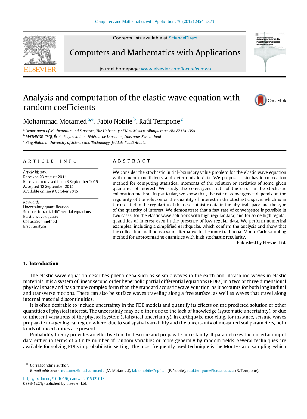 Analysis and Computation of the Elastic Wave Equation with Random Coefficients