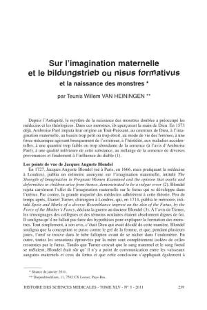 Sur L'imagination Maternelle Et Le Bildungstrieb Ou Nisus Formativus