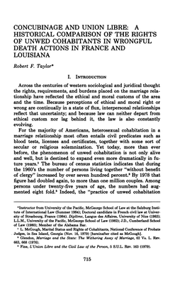 Concubinage and Union Libre: a Historical Comparison of the Rights of Unwed Cohabitants in Wrongful Death Actions in France and Louisiana