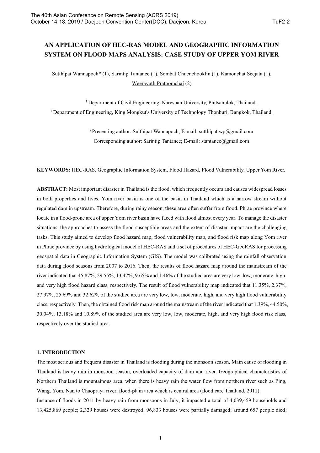 An Application of Hec-Ras Model and Geographic Information System on Flood Maps Analysis: Case Study of Upper Yom River